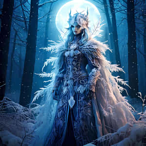 冰霜女王戴冰冠和羽毛斗篷，在雪森林中閃耀月亮下站立。 — 恐怖 GIF 壁紙