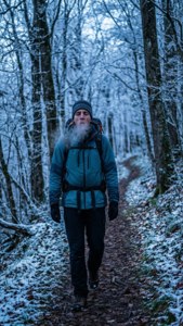 留白鬍子的男人穿著藍色外套和背包在雪地森林小徑徒步