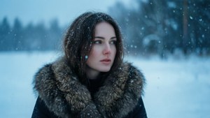 穿著毛皮大衣的女性站在白雪皚皚的冬季森林中