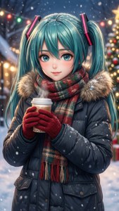 動漫女孩穿著冬季外套在雪中手持熱飲，背景有聖誕燈飾。 — 中野三玖 壁紙