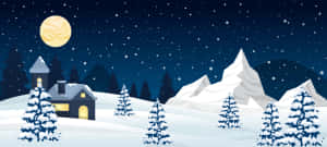 滿月下雪冬季森林中的舒適房子
