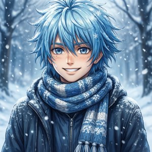 動畫男孩在冬季森林中微笑，雪花飄落 — Tecno Phantom 壁紙
