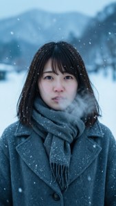 穿著冬季外套的女子在靠近山脈的飄雪中呼出蒸汽。