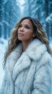 穿著白色皮草大衣的女性站在雪地森林中，雪花飄落。 — Beyoncé 壁紙