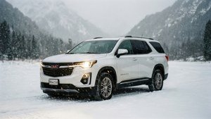 白色GMC SUV在靠近雪山和樹木的雪路上行駛。