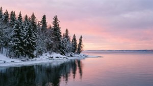 白雪覆蓋的松樹在粉紅日落中倒映在結冰的湖面上。