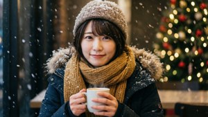 穿著冬季裝備的女性在點亮的聖誕樹旁，雪花飄落時手持熱飲。