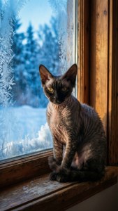 無毛貓坐在結霜的窗邊看著雪覆蓋的森林