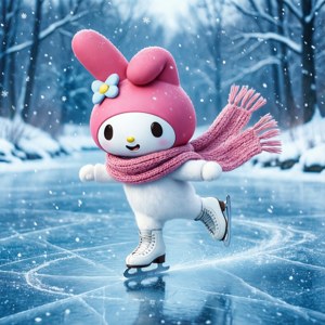 粉紅色兔仔喺落雪森林嘅冰凍池塘上溜冰。