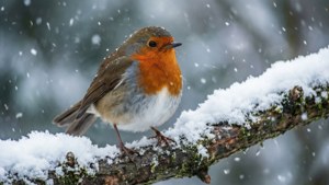 一隻橙色胸部的知更鳥在冬季降雪時棲息在雪枝上。