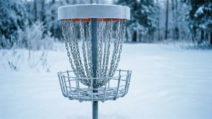 雪地冬季森林中結霜的飛盤高爾夫籃子。