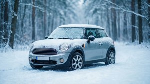 冬季雪地森林中停放的銀色MINI Cooper。