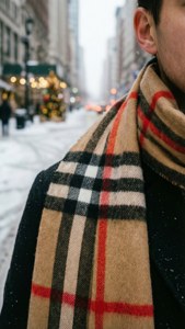 冬天在積雪的城市街道上戴著格仔圍巾的人。