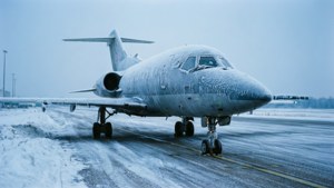 冬季，結霜的飛機停在積雪的機場跑道上。 — 16:9 壁紙