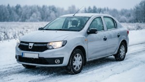 冬季景色中，銀色轎車停泊在雪路上，旁邊有結霜的樹木。
