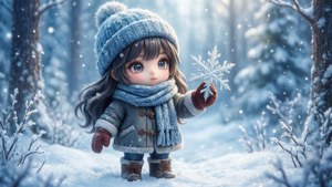 一個穿著冬季服裝的年輕女孩在雪地森林中手持雪花。