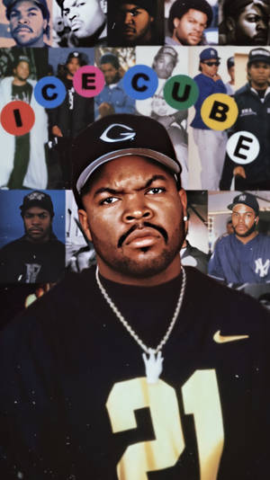 Ice Cube 身穿黑色球衣（21號）同鏈條，被佢嘅相片拼貼包圍。