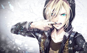 金髮藍眼的動漫男孩在雪景中指著自己的嘴巴。 — Yuri!!! on Ice 壁紙
