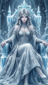 一位美麗的冰女王，長長銀髮，坐在冰晶王座上，身處白雪覆蓋的神秘國度。
