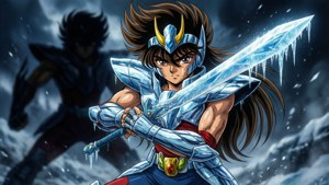動漫戰士身穿藍色鎧甲手持冰劍，在雪中面對陰影對手。