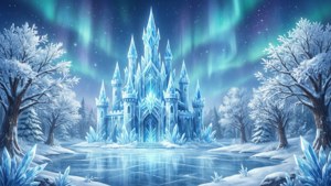 一座冰城堡在北極光下發光，周圍環繞著白雪覆蓋的樹木
