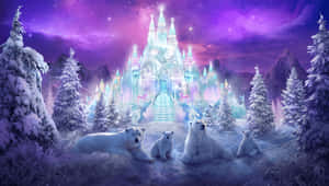 北極熊在雪地中休息，前方是發光的冰城堡，背景是紫色星空。 — 冬日美學 壁紙