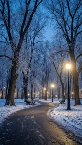 黃昏時分白雪覆蓋的公園小徑，霜凍的樹木和發光的街燈。