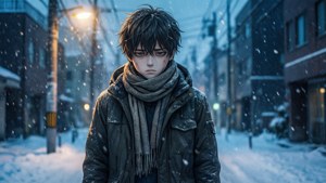 年輕動漫男孩穿著冬季外套站在雪覆蓋的城市街道上，夜晚。
