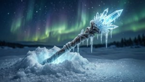 北極光下雪中發光的冰矛