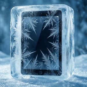 一個平板電腦在雪地環境中被冰凍在冰塊中，屏幕上有霜花圖案。