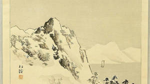 傳統日本水墨畫風格中，積雪山峰、松樹和靜水上的帆船。 — 繪畫 壁紙