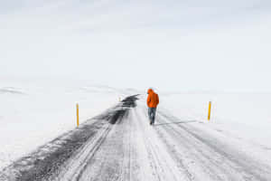 一個穿著橙色外套的人獨自走在廣闊冬季景觀中的雪路上。
