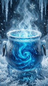 一個在雪地冰凍環境中冒著蒸氣的魔法藍色大鍋。
