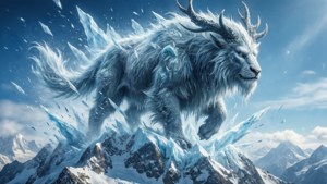 一隻神話般的冰覆蓋野獸，長著鹿角，跳過雪山頂。