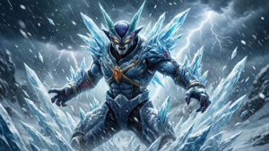 一個帶有發光眼睛和水晶尖刺的兇猛冰怪站在有閃電的暴風雪中。