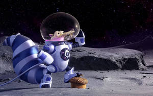 卡通鱷魚太空人在月球表面吃橡子杯子蛋糕，星空下