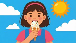 女孩在陽光明媚、有雲的日子享受雪糕。