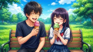 動漫男孩和女孩在公園長椅上吃雪糕時笑著
