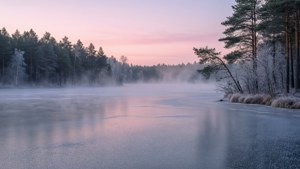冰凍湖面霧氣在黎明升起，映照粉紅天空和積雪松樹