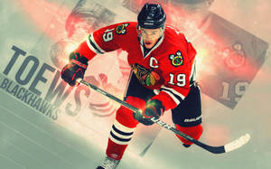 冰球運動員Jonathan Toews身穿紅色Blackhawks球衣，手持發光球桿滑行。 — 拼貼 GIF 壁紙