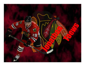 冰球運動員 Jonathan Toews 身穿紅色 Blackhawks 制服，手持球桿滑冰。 — 紅黑 壁紙
