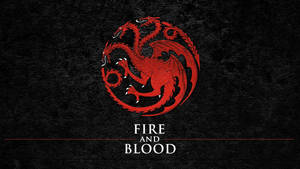 紅色三頭龍標誌，帶有 'FIRE AND BLOOD' 文字，位於黑色背景上。