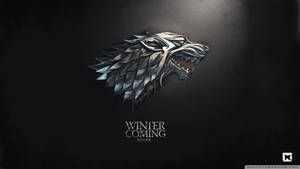 金屬冰原狼頭標誌，帶有「Winter is Coming Stark」文字，深色背景。
