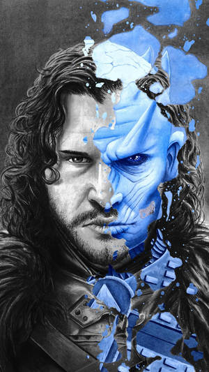 Jon Snow 與屍鬼的分割臉部肖像，帶有藍色油漆飛濺。