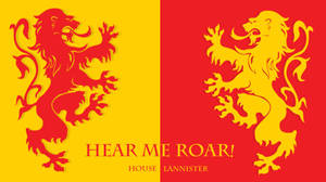 蘭尼斯特家族的紋章獅子，附有「Hear Me Roar!」標語。 — 權力遊戲 第八季 壁紙