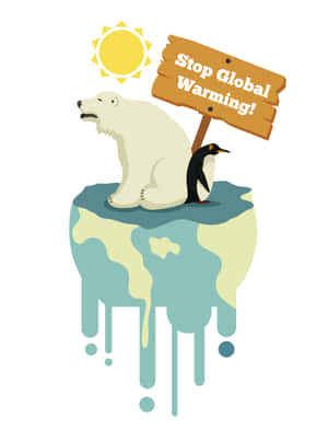 北極熊和企鵝在融化地球儀上舉著停止全球暖化標語牌。 — iPad Pro 13 壁紙