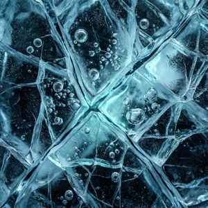 破裂藍色冰塊，內部有被困氣泡在冷光下發光。