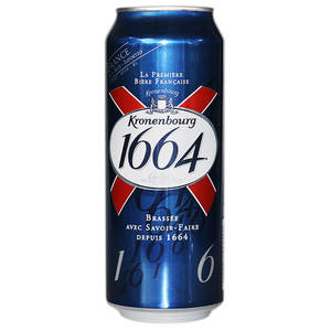 藍色Kronenbourg 1664啤酒罐，帶有紅色十字和銀色文字。