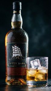 冰凍的Cutty Sark威士忌酒瓶和加冰的杯子，置於深色表面上。