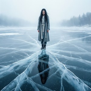 一個身穿灰色長袍的女人站在佈滿裂縫和倒影的冰凍湖面上，在霧濛濛的冬日天空下。